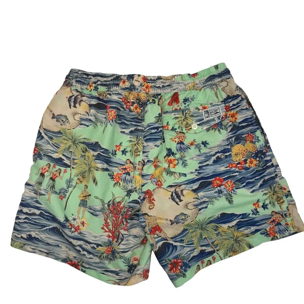 Polo Ralph Lauren Swim Trunks Sz M Green Hawaiian Floral Hulu Girl Preppy Beach